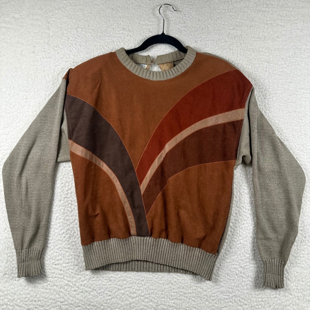 Vtg 80s Leslie Fay Sweater Womens Suede Colorblock Earthy Mixed Media Retro Boho